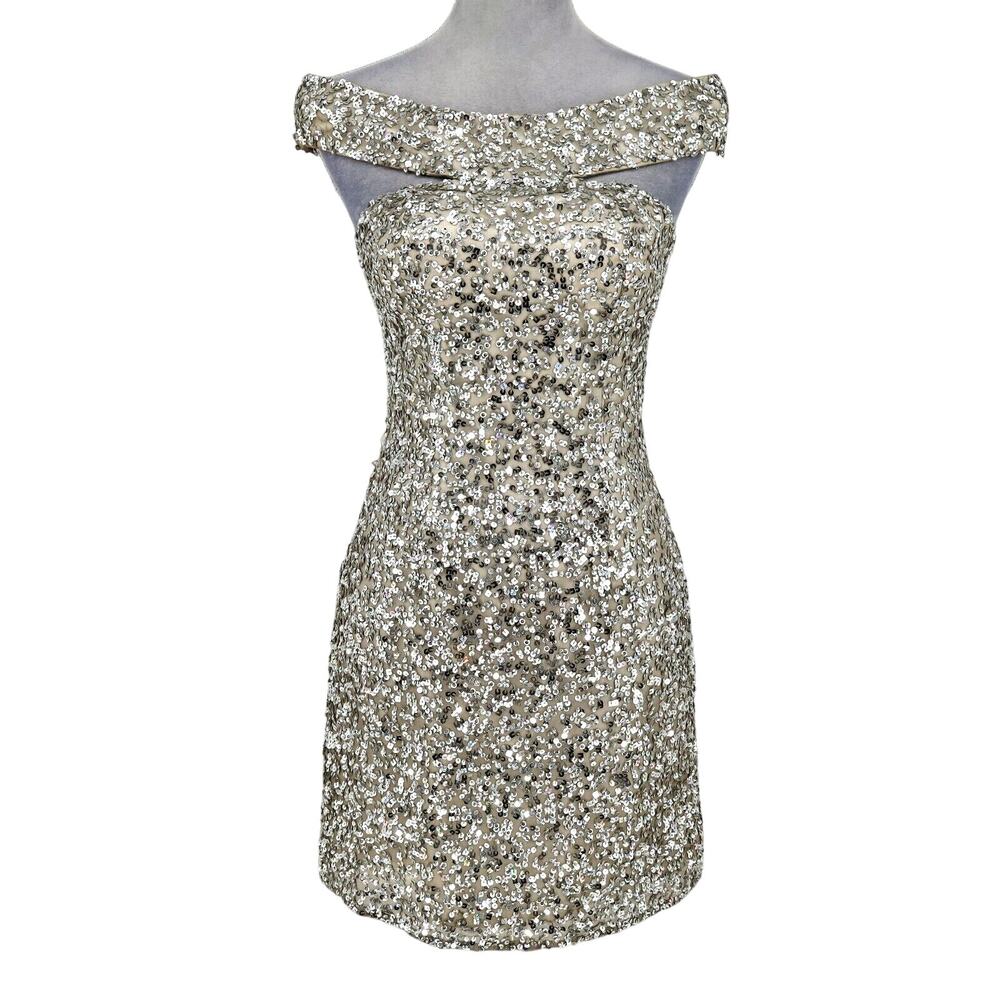 Scala Dress Womens 2 Silk Silver Sequins Off Shoulder FLAW Some sequins missing